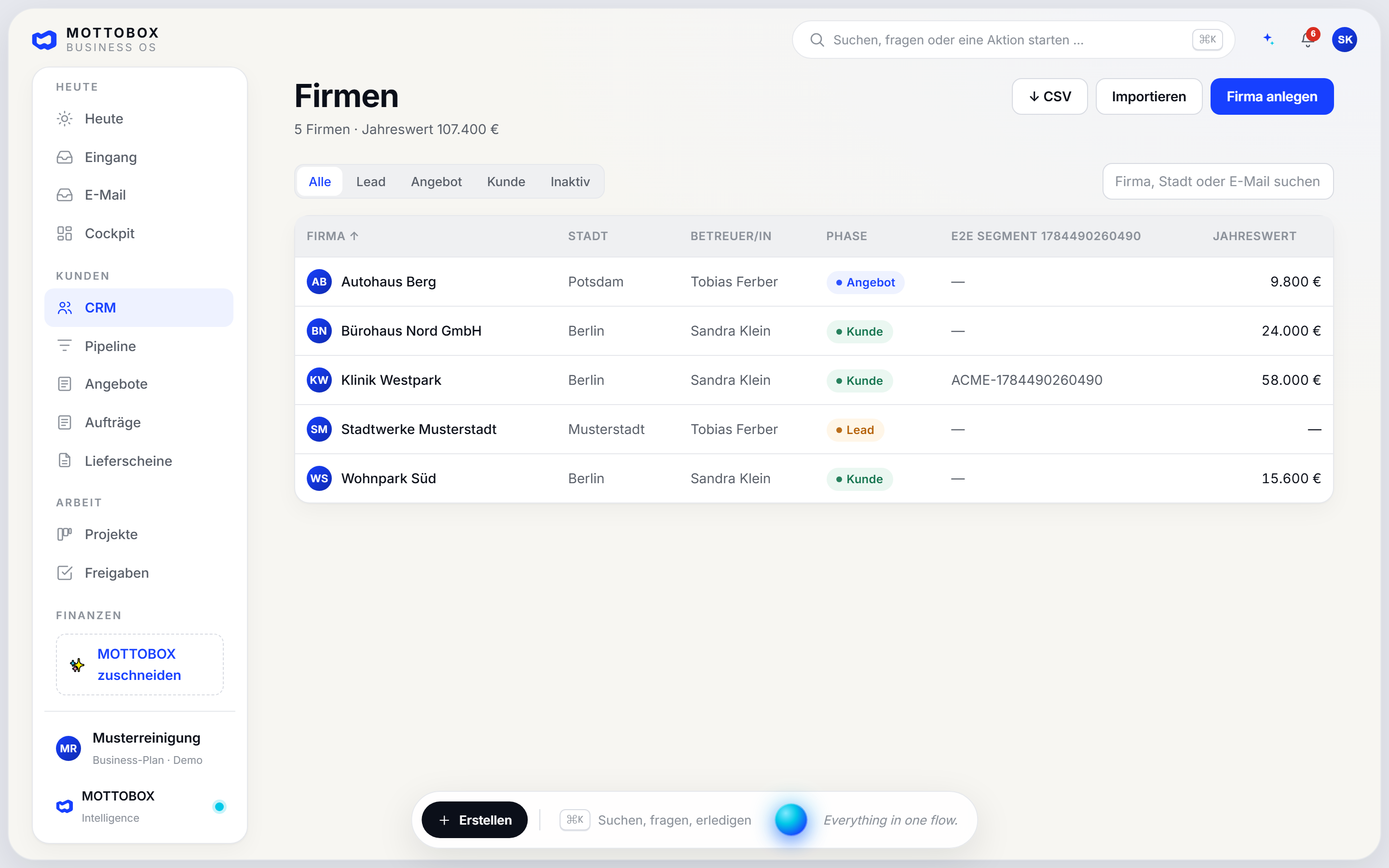 CRM von MOTTOBOX: Kundenliste mit Suche und Kontaktübersicht.